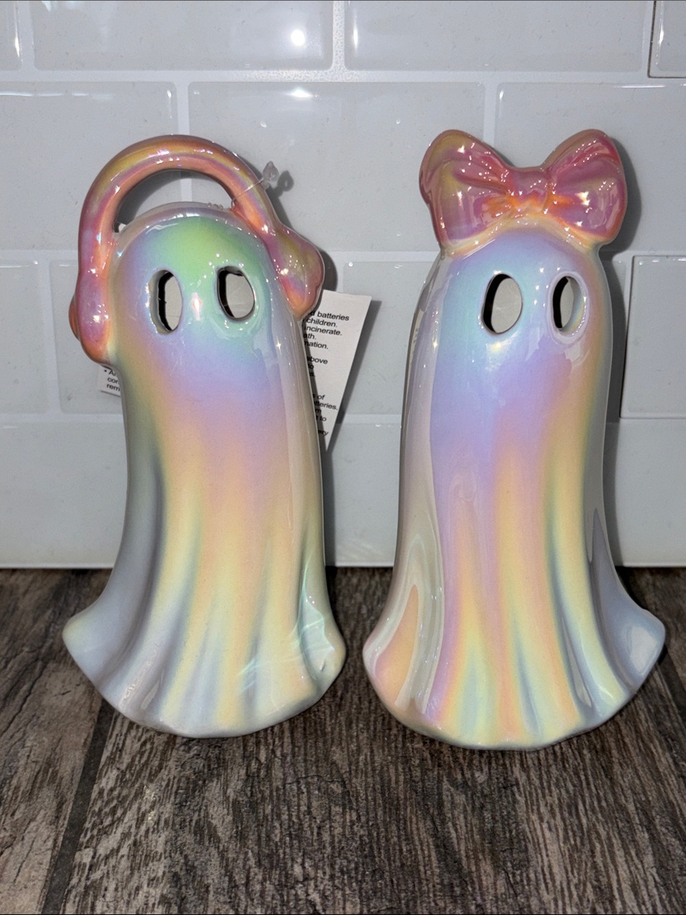 2pc 6” Iridescent Ceramic LIGHT-UP Ghosts  Bow & Headphones